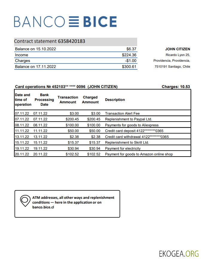 Relevé bancaire de la Banco Bice au Chili